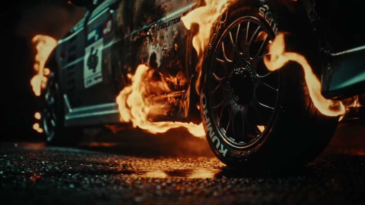 A burning car and the rollover sequence from the Corsa films